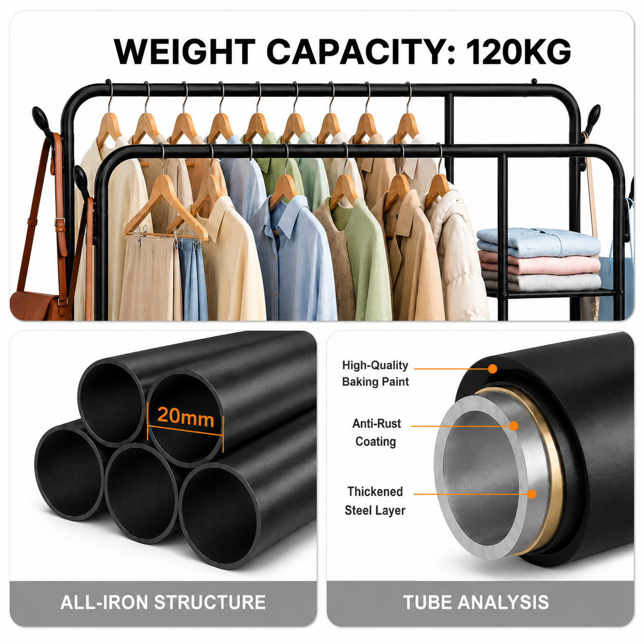 Double Clothes Rail for Bedroom, 110 * 55 * 145cm Sturdy Hanging Clothes Rack for Garments, Metal Clothing Rail with Storage Shelf, 95 kg Load Capacity