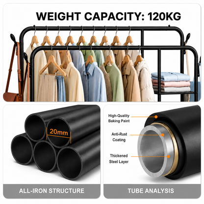 Double Clothes Rail for Bedroom, 110 * 55 * 145cm Sturdy Hanging Clothes Rack for Garments, Metal Clothing Rail with Storage Shelf, 95 kg Load Capacity