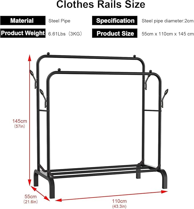 Heavy Duty Clothes Rail for Bedroom, 110 × 55 × 145cm Sturdy Hanging Clothes Rack for Garments, Double Metal Clothing Rail with Storage Shelf, Max 95 kg (Black)