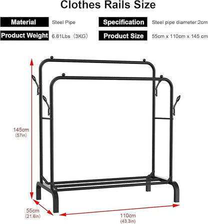 Heavy Duty Clothes Rail for Bedroom, 110 × 55 × 145cm Sturdy Hanging Clothes Rack for Garments, Double Metal Clothing Rail with Storage Shelf, Max 95 kg (Black)