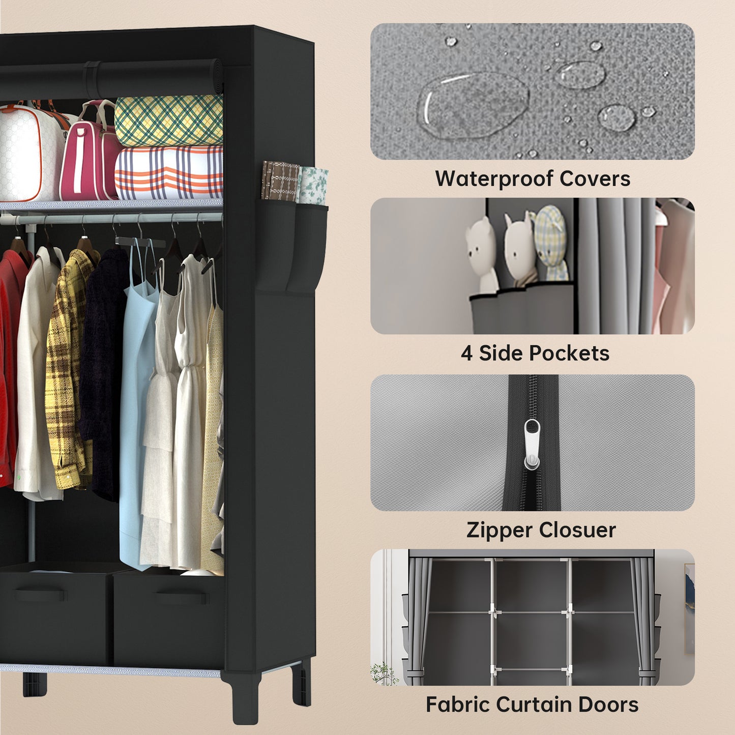 Canvas Wardrobe for Bedroom Fabric Wardrobe Closet with 2 Hanging Rails,2 Drawers, Portable Temporary Stable Base 161 * 59 * 45cm (Black) DJ-10120
