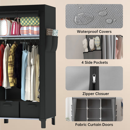 Canvas Wardrobe for Bedroom Fabric Wardrobe Closet with 2 Hanging Rails,2 Drawers, Portable Temporary Stable Base 161 * 59 * 45cm (Black) DJ-10120