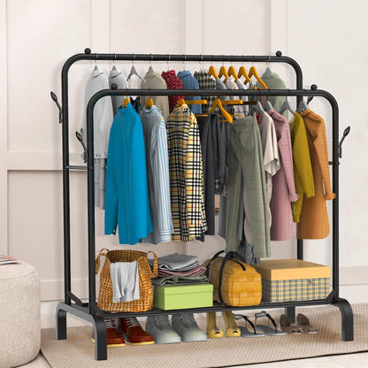 Heavy Duty Clothes Rail for Bedroom, 110 × 55 × 145cm Sturdy Hanging Clothes Rack for Garments, Double Metal Clothing Rail with Storage Shelf, Max 95 kg (Black)