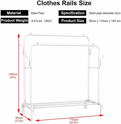 Heavy Duty Clothes Rail for Bedroom, 110 × 55 × 145cm Sturdy Hanging Clothes Rack for Garments, Double Metal Clothing Rail with Storage Shelf, Max 95 kg (White)