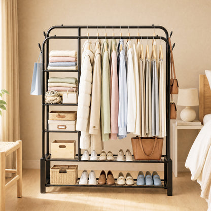 Double Clothes Rail for Bedroom, 110 * 55 * 145cm Sturdy Hanging Clothes Rack for Garments, Metal Clothing Rail with Storage Shelf, 95 kg Load Capacity