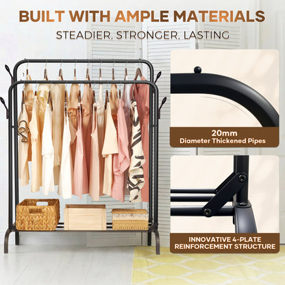Double Clothes Rail for Bedroom, 110 * 55 * 145cm Sturdy Hanging Clothes Rack for Garments, Metal Clothing Rail with Storage Shelf, 95 kg Load Capacity