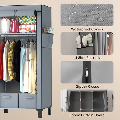 Canvas Wardrobe for Bedroom Fabric Wardrobe Closet with 2 Hanging Rails,2 Drawers, Portable Temporary Stable Base 161 * 59 * 45cm (Grey) DJ-10120
