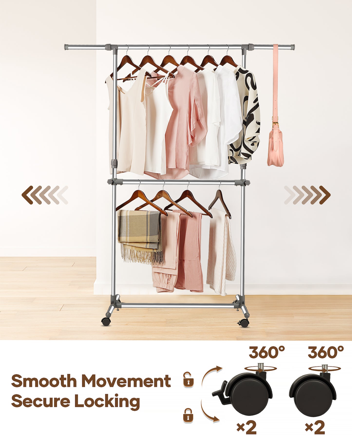 Clothes Rail with Wheels, Adjustable Stainless Steel Clothes Rack with Extendable Width and Height, Metal Clothing Rail for Small Bedrooms