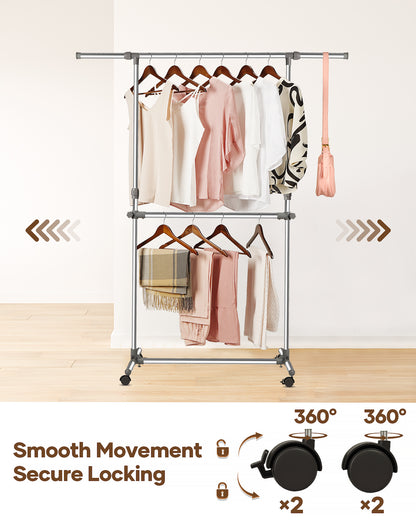 Clothes Rail with Wheels, Adjustable Stainless Steel Clothes Rack with Extendable Width and Height, Metal Clothing Rail for Small Bedrooms
