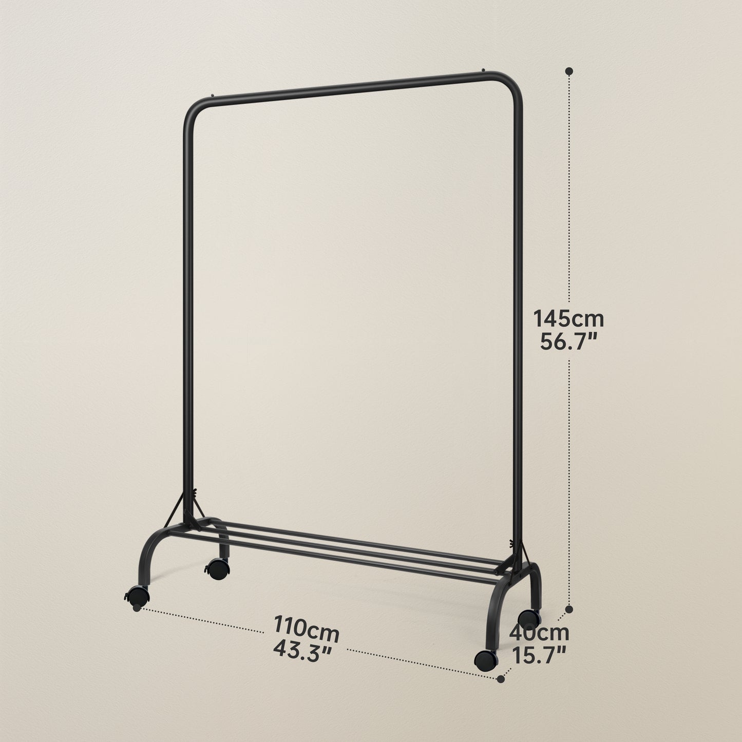 Sturdy Clothes Rail with Wheels for Bedroom, Portable Clothes Rack with Shoe Storage, Metal Clothing Rail for Hanging Garments (Black)
