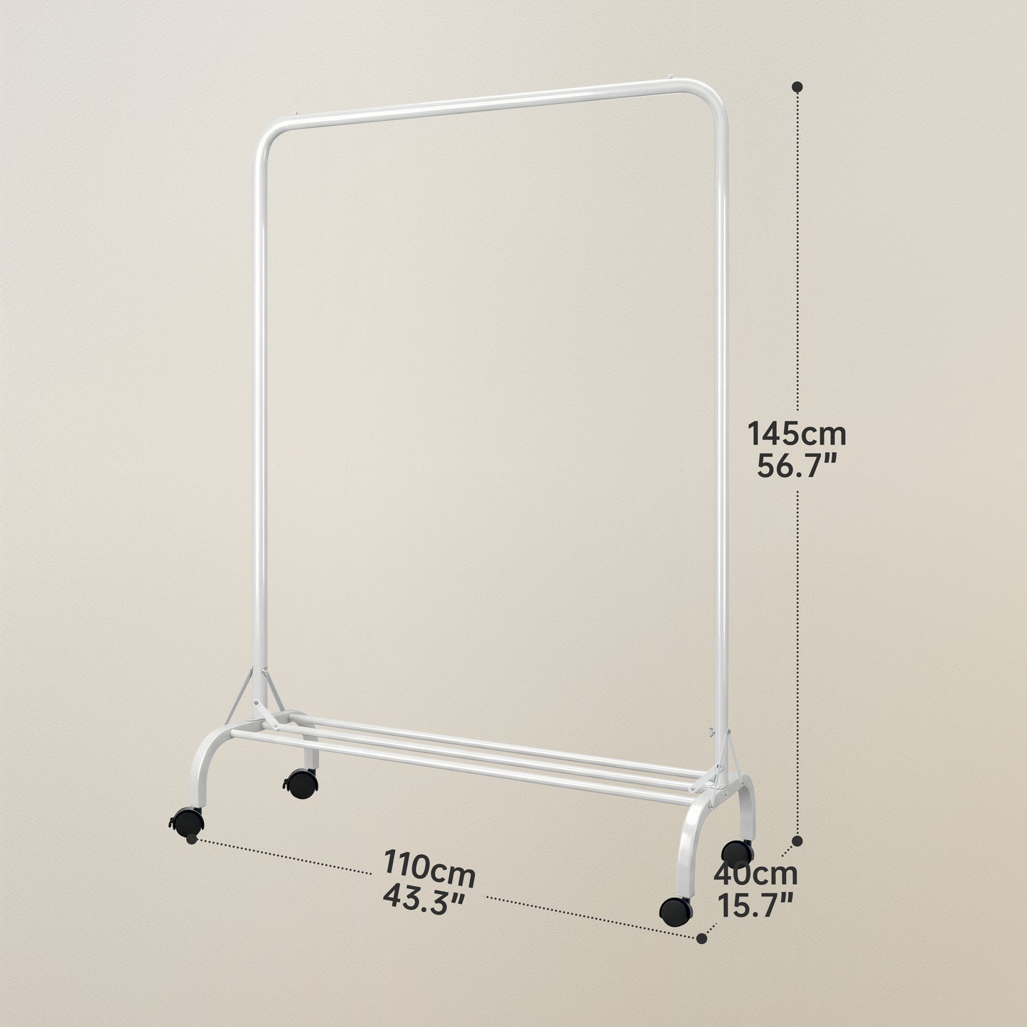Sturdy Clothes Rail with Wheels for Bedroom, Portable Clothes Rack with Shoe Storage, Metal Clothing Rail for Hanging Garments (White)