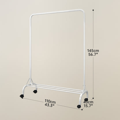 Sturdy Clothes Rail with Wheels for Bedroom, Portable Clothes Rack with Shoe Storage, Metal Clothing Rail for Hanging Garments (White)