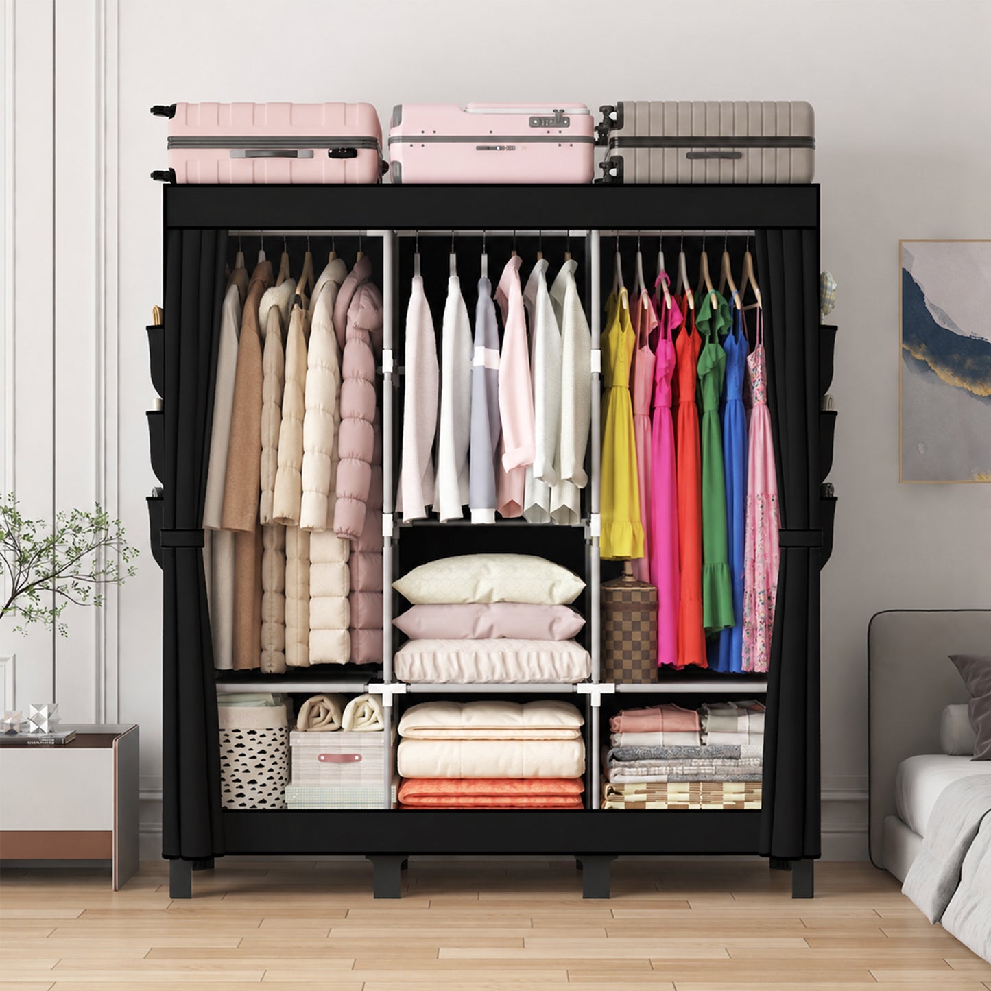 Canvas Wardrobe for Bedroom Fabric Wardrobe with 3 Hanging Rails, Portable Temporary Stable Base172 * 130 * 45cm (black) DJ-155B