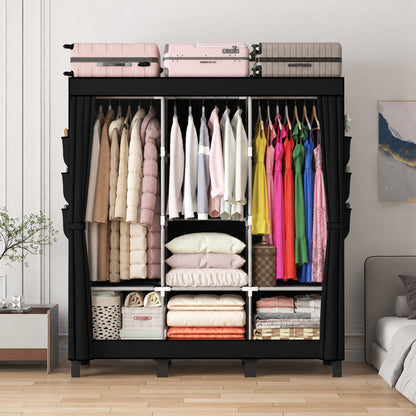 Canvas Wardrobe for Bedroom Fabric Wardrobe with 3 Hanging Rails, Portable Temporary Stable Base172 * 130 * 45cm (black) DJ-155B
