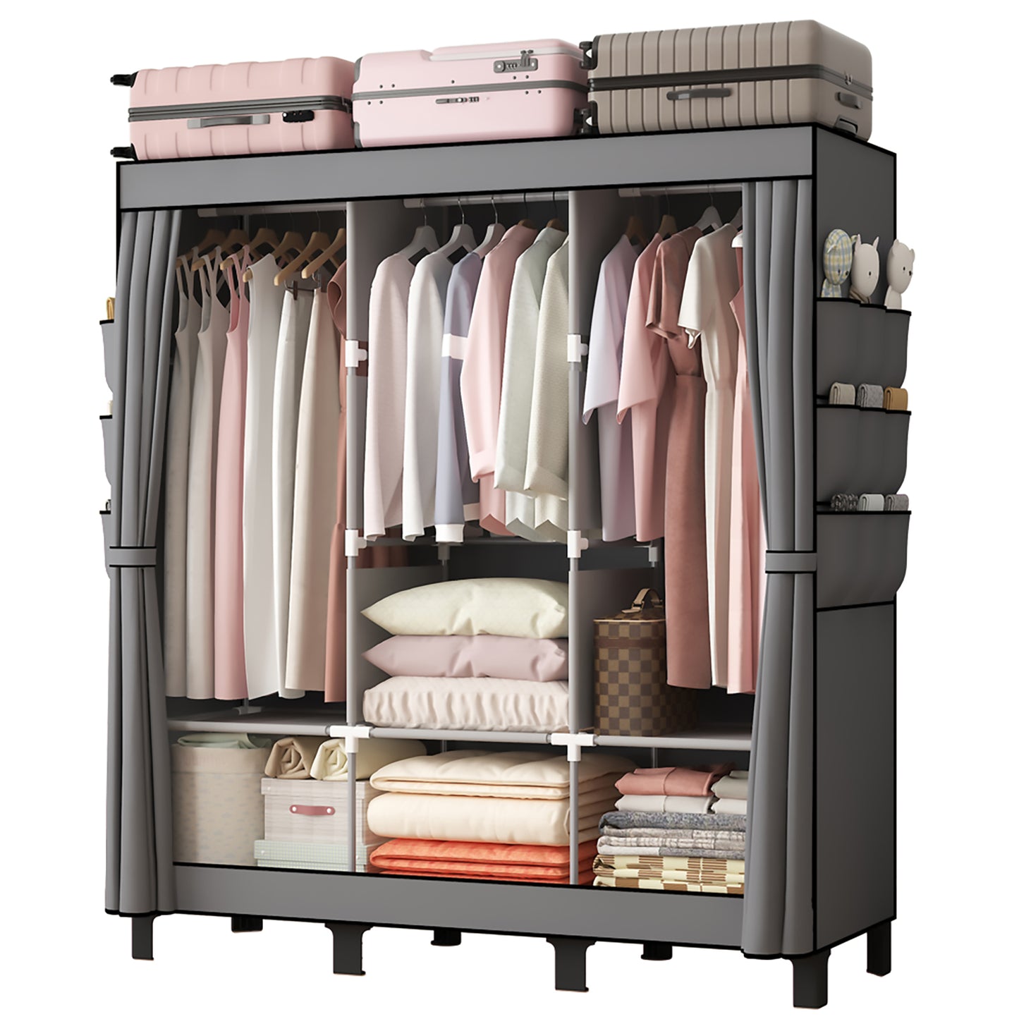 Canvas Wardrobe for Bedroom Fabric Wardrobe with 3 Hanging Rails, Portable Temporary Stable Base172 * 130 * 45cm (Grey) DJ-155B