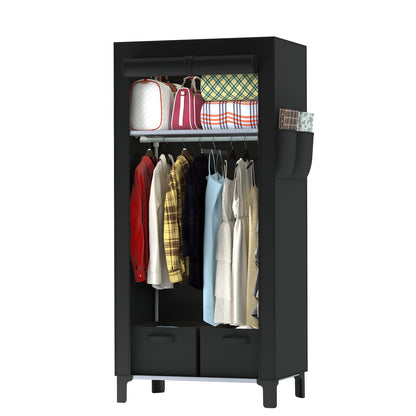 Canvas Wardrobe for Bedroom Fabric Wardrobe Closet with 2 Hanging Rails,2 Drawers, Portable Temporary Stable Base 161 * 59 * 45cm (Black) DJ-10120