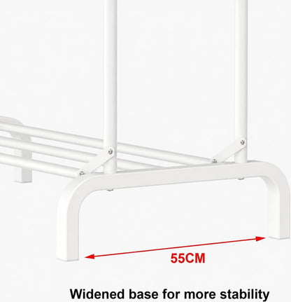 Heavy Duty Clothes Rail for Bedroom, 110 × 55 × 145cm Sturdy Hanging Clothes Rack for Garments, Double Metal Clothing Rail with Storage Shelf, Max 95 kg (White)