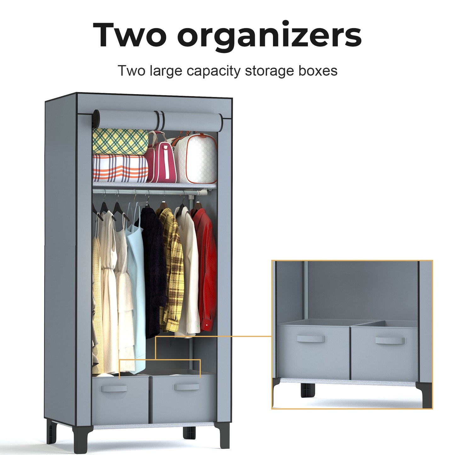 Canvas Wardrobe for Bedroom Fabric Wardrobe Closet with 2 Hanging Rails,2 Drawers, Portable Temporary Stable Base 161 * 59 * 45cm (Grey) DJ-10120