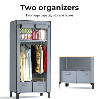 Canvas Wardrobe for Bedroom Fabric Wardrobe Closet with 2 Hanging Rails,2 Drawers, Portable Temporary Stable Base 161 * 59 * 45cm (Grey) DJ-10120