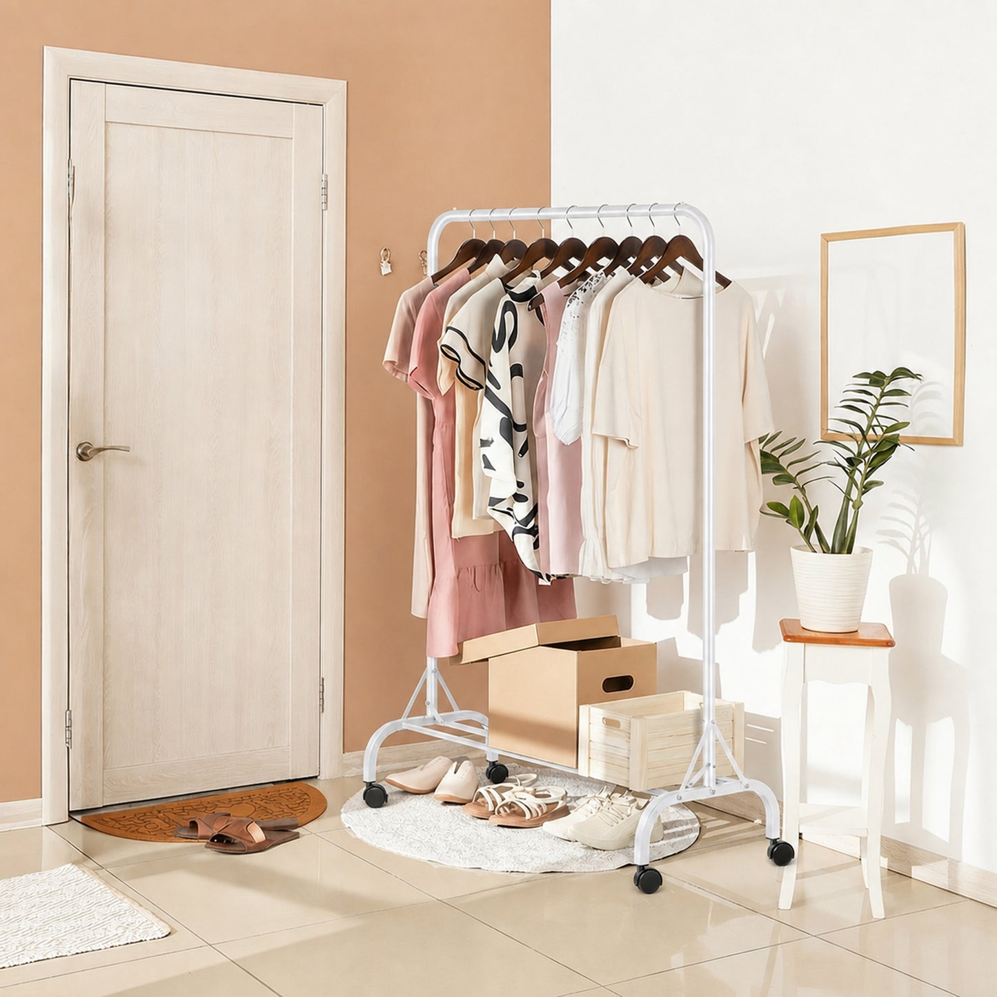 Sturdy Clothes Rail with Wheels for Bedroom, Portable Clothes Rack with Shoe Storage, Metal Clothing Rail for Hanging Garments (White)