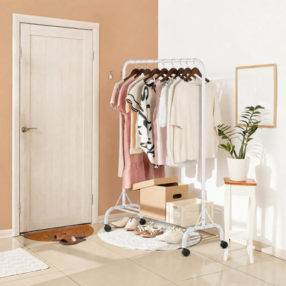 Sturdy Clothes Rail with Wheels for Bedroom, Portable Clothes Rack with Shoe Storage, Metal Clothing Rail for Hanging Garments (White)