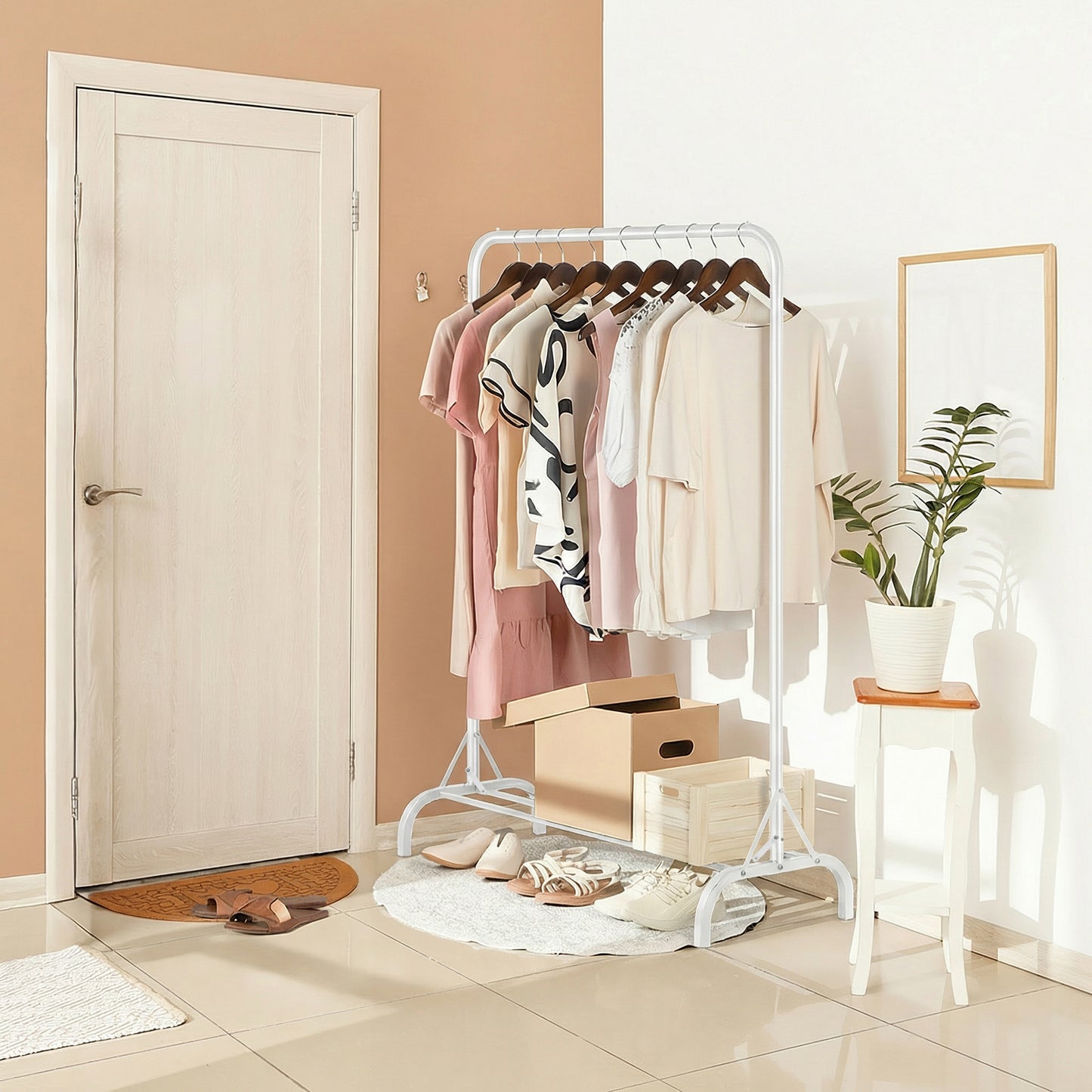 Sturdy Clothes Rail for Bedroom, Portable Clothes Rack with Shoe Storage, Metal Clothing Rail for Hanging Garments (White)