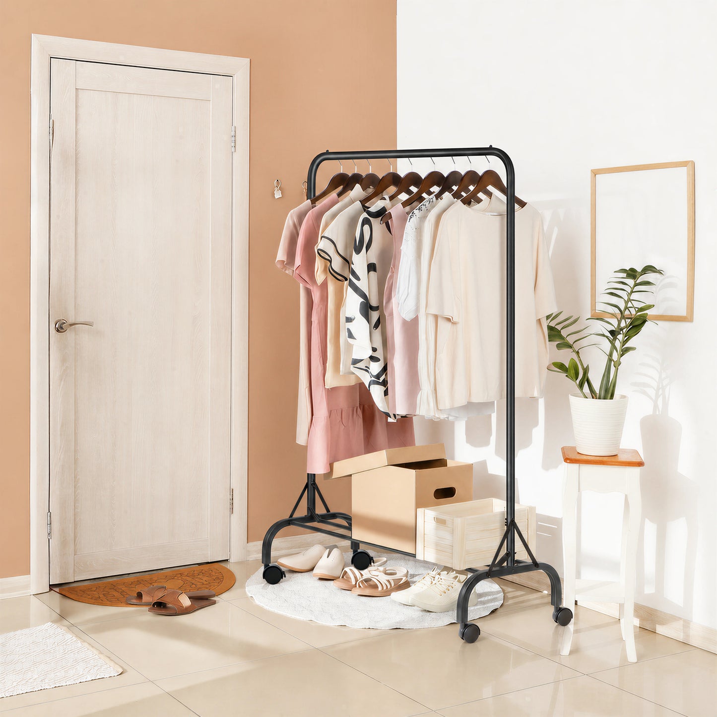 Sturdy Clothes Rail with Wheels for Bedroom, Portable Clothes Rack with Shoe Storage, Metal Clothing Rail for Hanging Garments (Black)