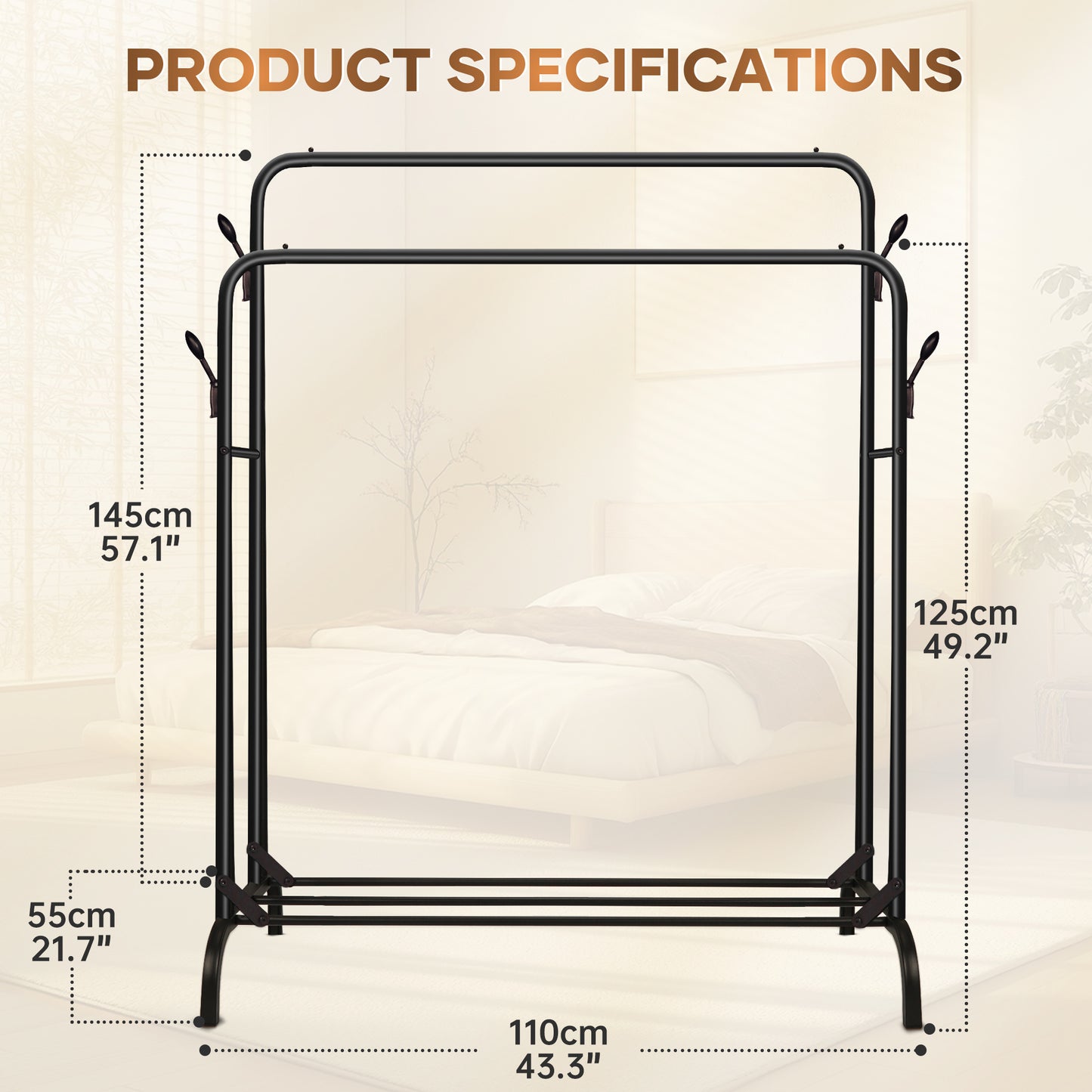 Double Clothes Rail for Bedroom, 110 * 55 * 145cm Sturdy Hanging Clothes Rack for Garments, Metal Clothing Rail with Storage Shelf, 95 kg Load Capacity