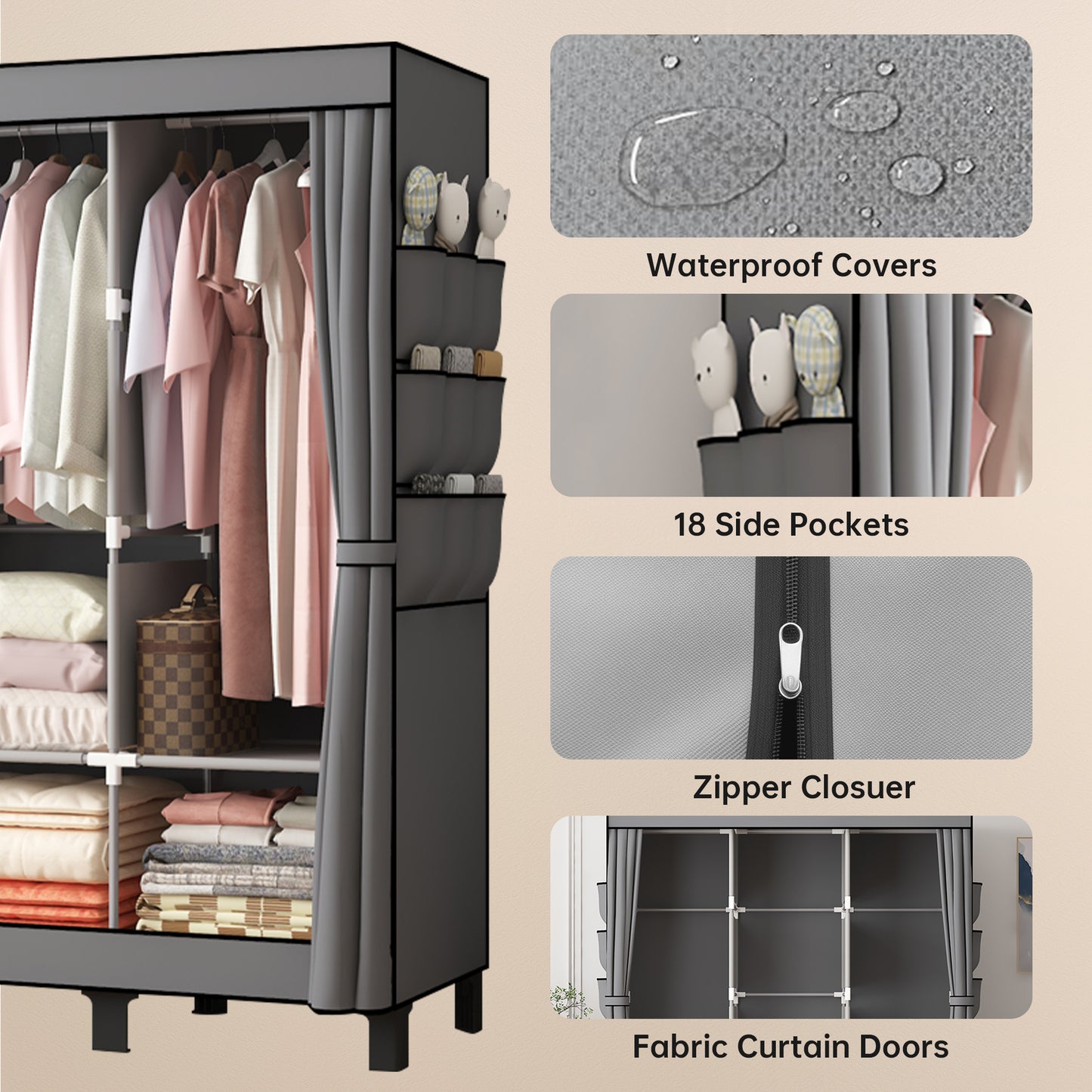 Canvas Wardrobe for Bedroom Fabric Wardrobe with 3 Hanging Rails, Portable Temporary Stable Base172 * 130 * 45cm (Grey) DJ-155B