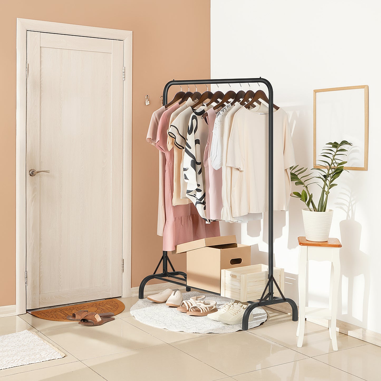 Sturdy Clothes Rail for Bedroom, Portable Clothes Rack with Storage Shelf, Metal Clothing Rail for Hanging Garments