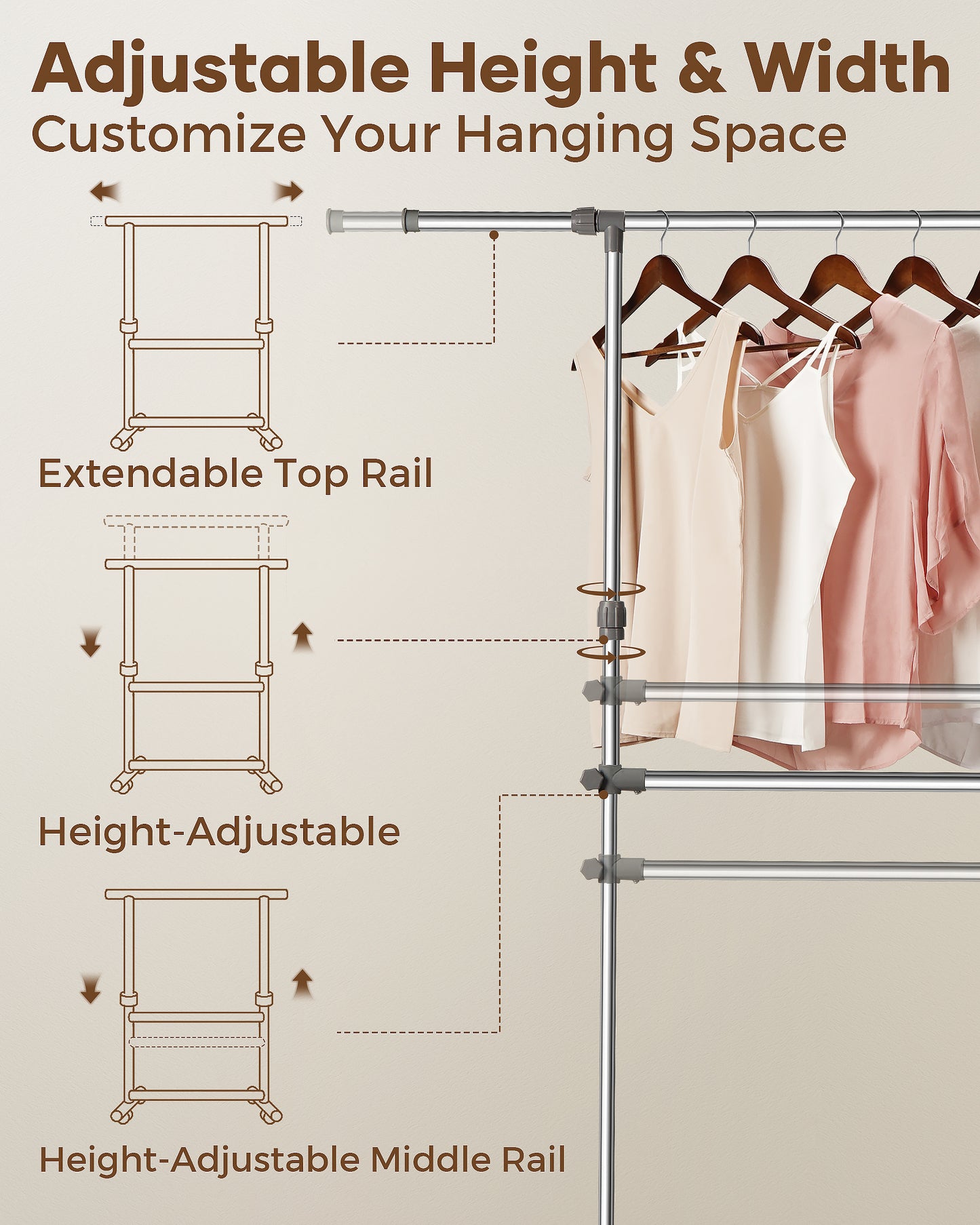 Clothes Rail with Wheels, Adjustable Stainless Steel Clothes Rack with Extendable Width and Height, Metal Clothing Rail for Small Bedrooms