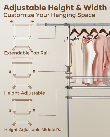 Clothes Rail with Wheels, Adjustable Stainless Steel Clothes Rack with Extendable Width and Height, Metal Clothing Rail for Small Bedrooms