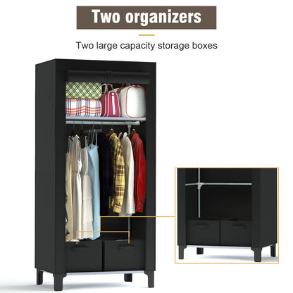 Canvas Wardrobe for Bedroom Fabric Wardrobe Closet with 2 Hanging Rails,2 Drawers, Portable Temporary Stable Base 161 * 59 * 45cm (Black) DJ-10120