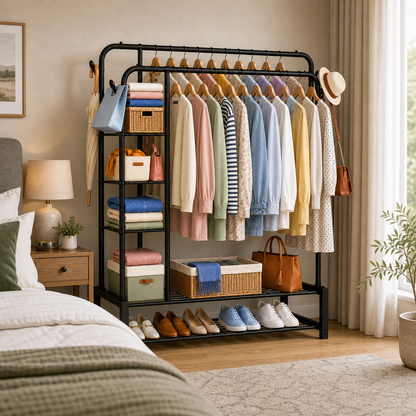 Double Clothes Rail for Bedroom, 110 * 55 * 145cm Sturdy Hanging Clothes Rack for Garments, Metal Clothing Rail with Storage Shelf, 95 kg Load Capacity