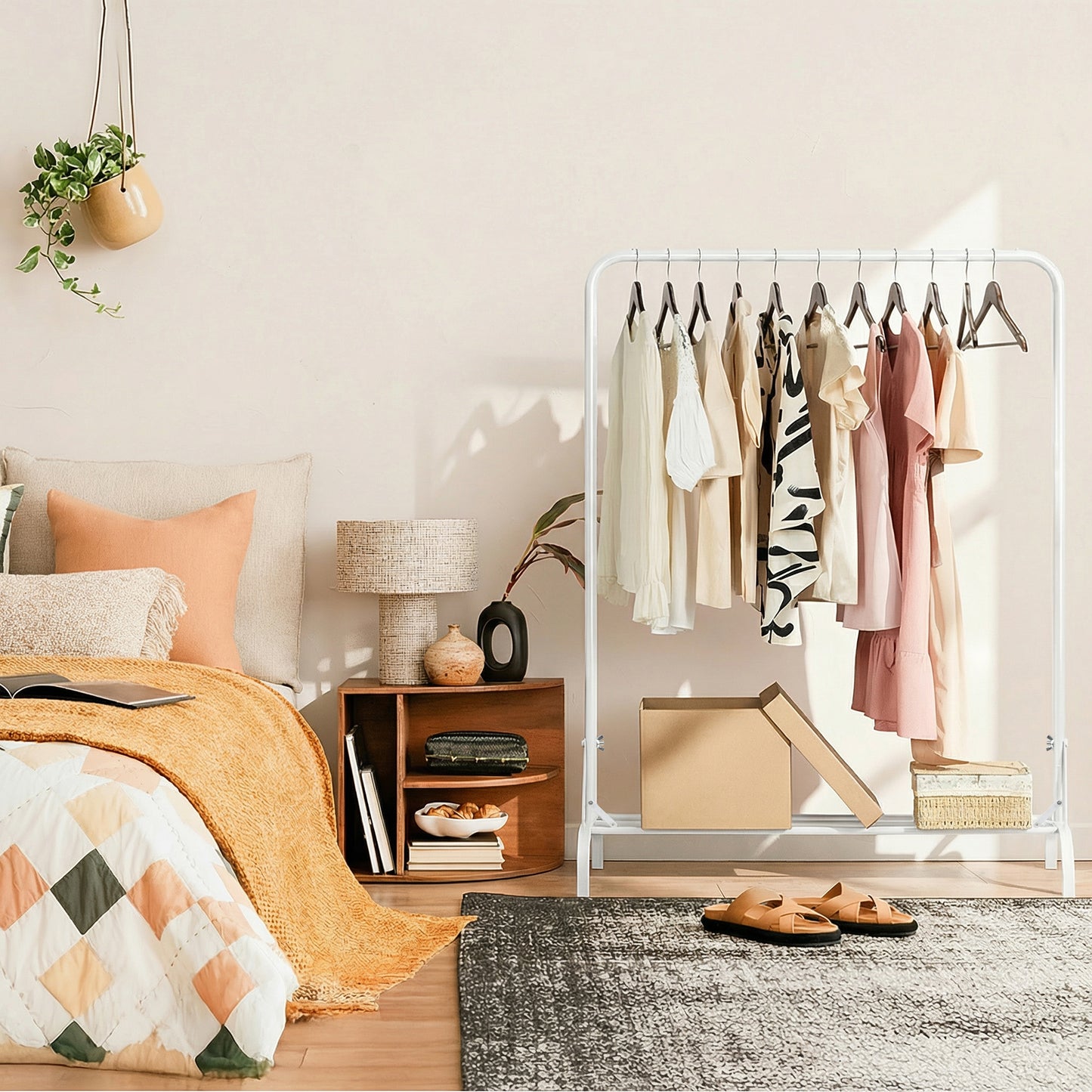 Sturdy Clothes Rail for Bedroom, Portable Clothes Rack with Shoe Storage, Metal Clothing Rail for Hanging Garments (White)