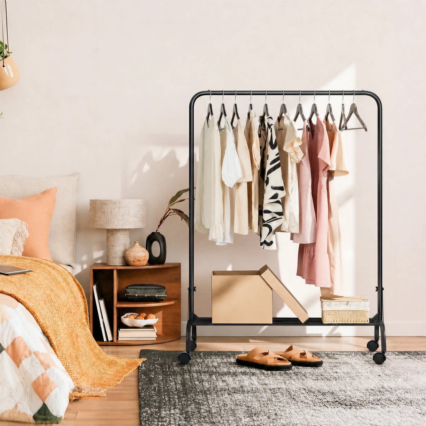 Sturdy Clothes Rail with Wheels for Bedroom, Portable Clothes Rack with Shoe Storage, Metal Clothing Rail for Hanging Garments (Black)