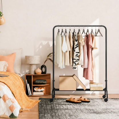 Sturdy Clothes Rail with Wheels for Bedroom, Portable Clothes Rack with Shoe Storage, Metal Clothing Rail for Hanging Garments (Black)