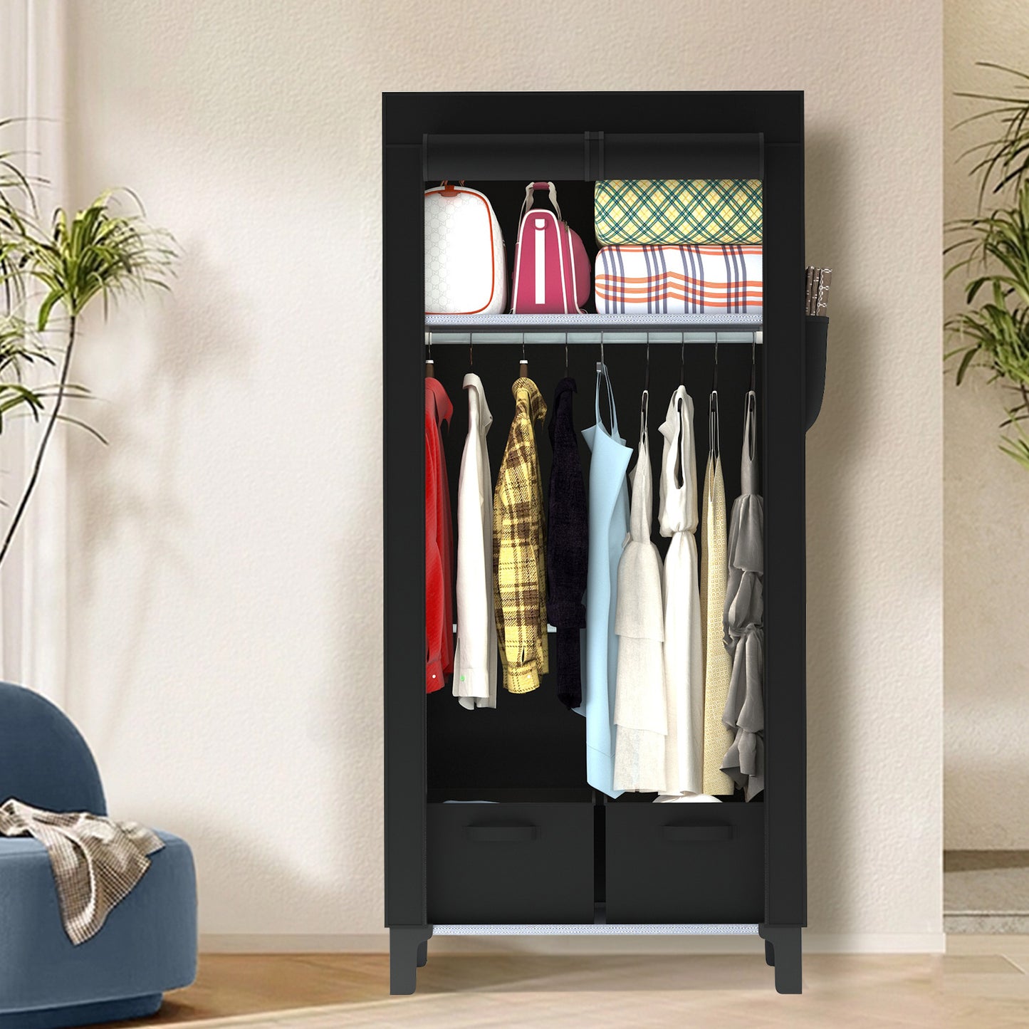Canvas Wardrobe for Bedroom Fabric Wardrobe Closet with 2 Hanging Rails,2 Drawers, Portable Temporary Stable Base 161 * 59 * 45cm (Black) DJ-10120