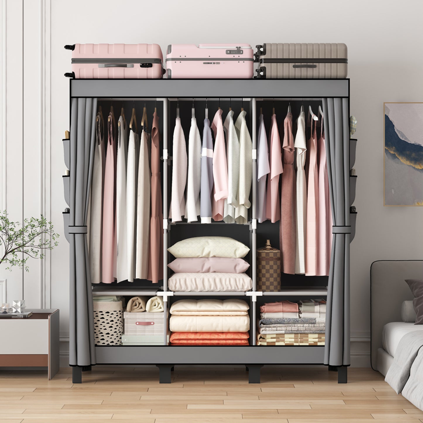 Canvas Wardrobe for Bedroom Fabric Wardrobe with 3 Hanging Rails, Portable Temporary Stable Base172 * 130 * 45cm (Grey) DJ-155B