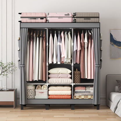 Canvas Wardrobe for Bedroom Fabric Wardrobe with 3 Hanging Rails, Portable Temporary Stable Base172 * 130 * 45cm (Grey) DJ-155B