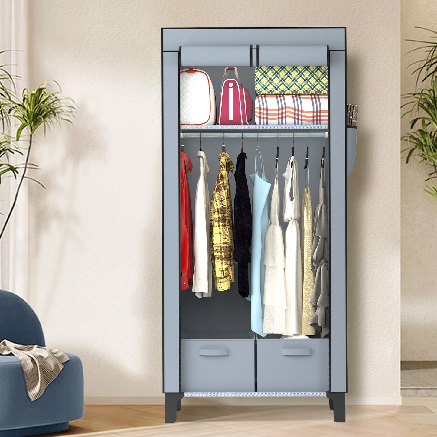 Canvas Wardrobe for Bedroom Fabric Wardrobe Closet with 2 Hanging Rails,2 Drawers, Portable Temporary Stable Base 161 * 59 * 45cm (Grey) DJ-10120