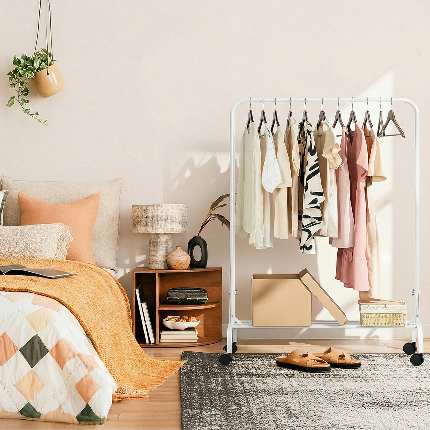 Sturdy Clothes Rail with Wheels for Bedroom, Portable Clothes Rack with Shoe Storage, Metal Clothing Rail for Hanging Garments (White)