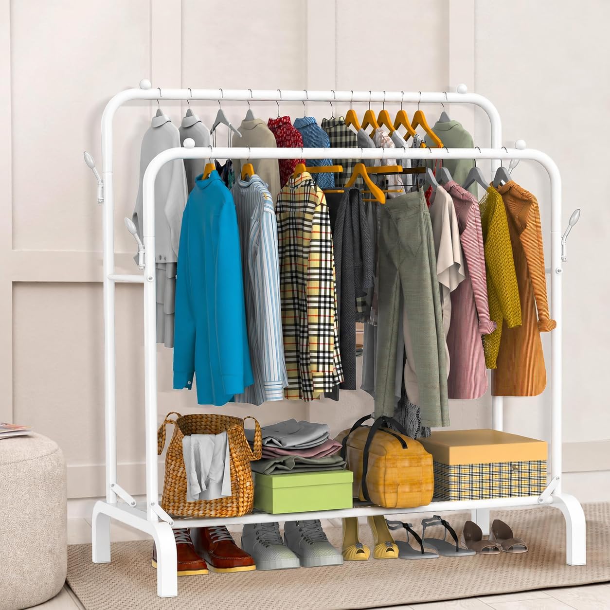 Heavy Duty Clothes Rail for Bedroom, 110 × 55 × 145cm Sturdy Hanging Clothes Rack for Garments, Double Metal Clothing Rail with Storage Shelf, Max 95 kg (White)