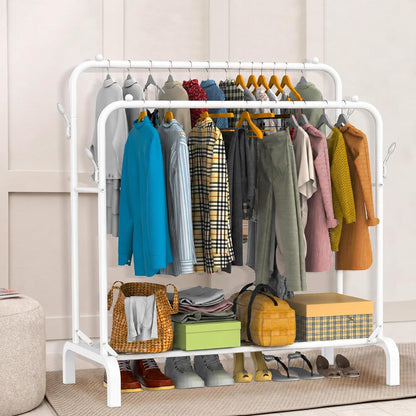 Heavy Duty Clothes Rail for Bedroom, 110 × 55 × 145cm Sturdy Hanging Clothes Rack for Garments, Double Metal Clothing Rail with Storage Shelf, Max 95 kg (White)