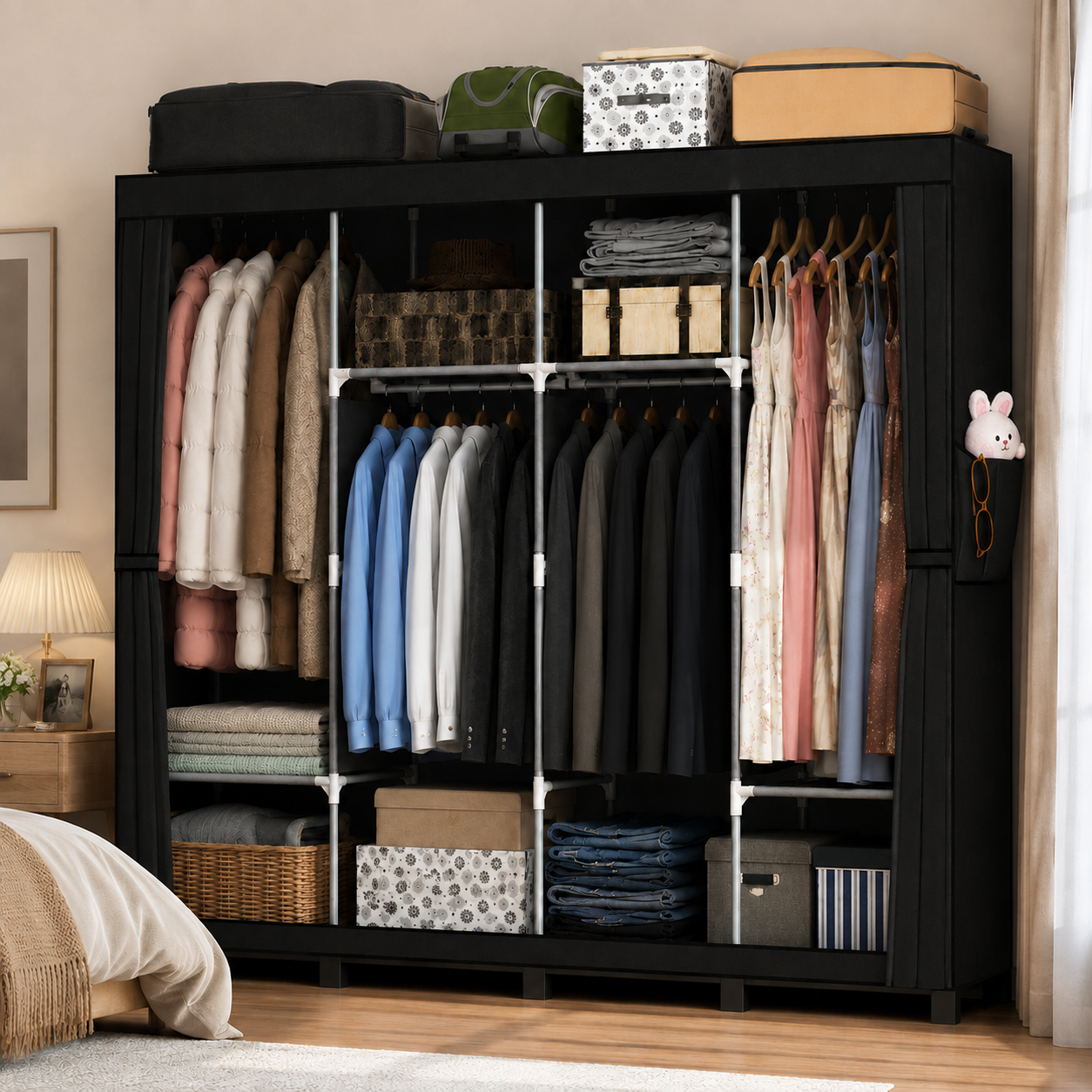Portable Closet Wardrobe Closet for Hanging Clothes with 4 Hanging Rods for Bedroom, Non-Woven Fabric Clothes Closet for Living Room Easy Assemble (black, 4 Columns, 66.9 inch Width)