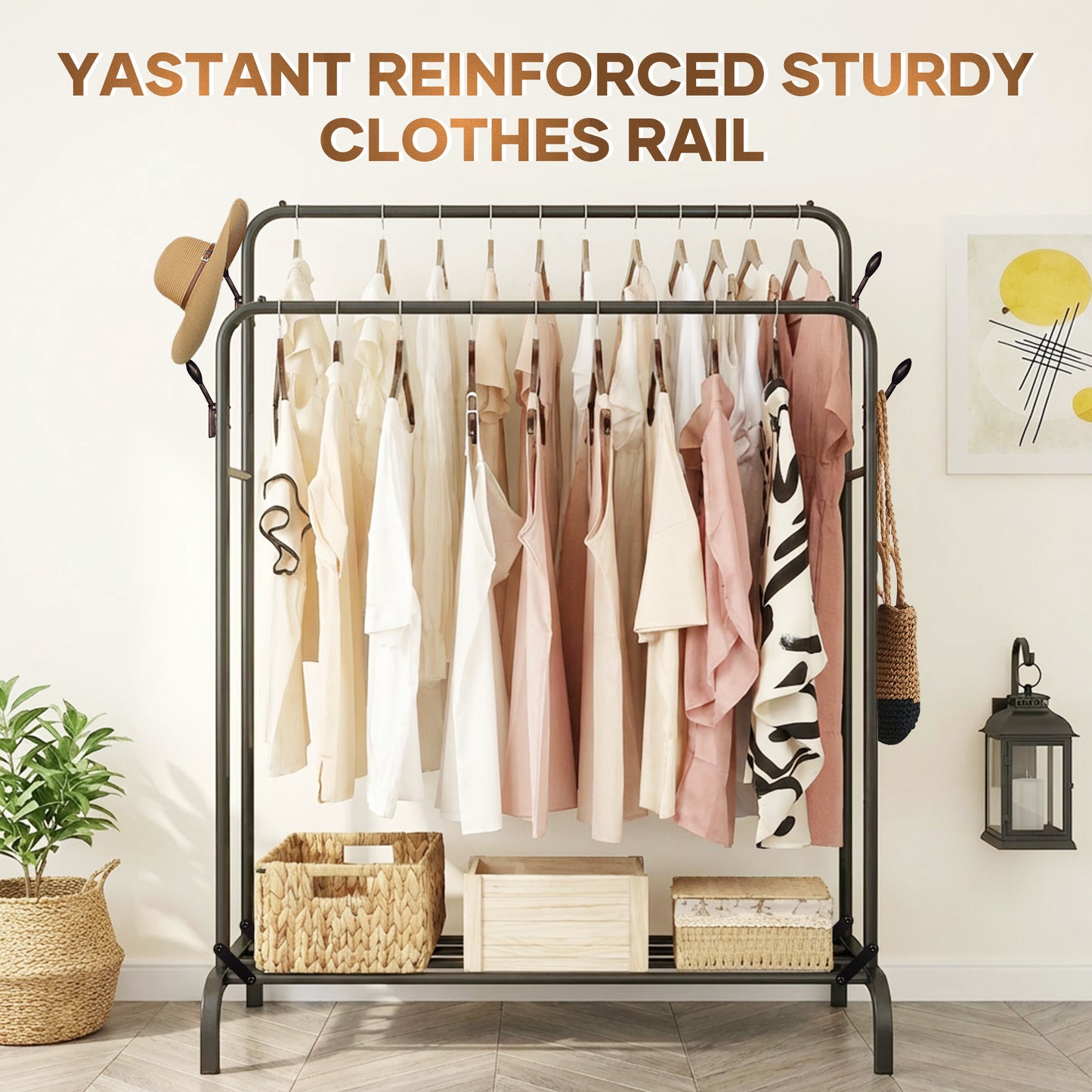 Double Clothes Rail for Bedroom, 110 * 55 * 145cm Sturdy Hanging Clothes Rack for Garments, Metal Clothing Rail with Storage Shelf, 95 kg Load Capacity
