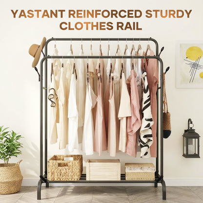 Double Clothes Rail for Bedroom, 110 * 55 * 145cm Sturdy Hanging Clothes Rack for Garments, Metal Clothing Rail with Storage Shelf, 95 kg Load Capacity