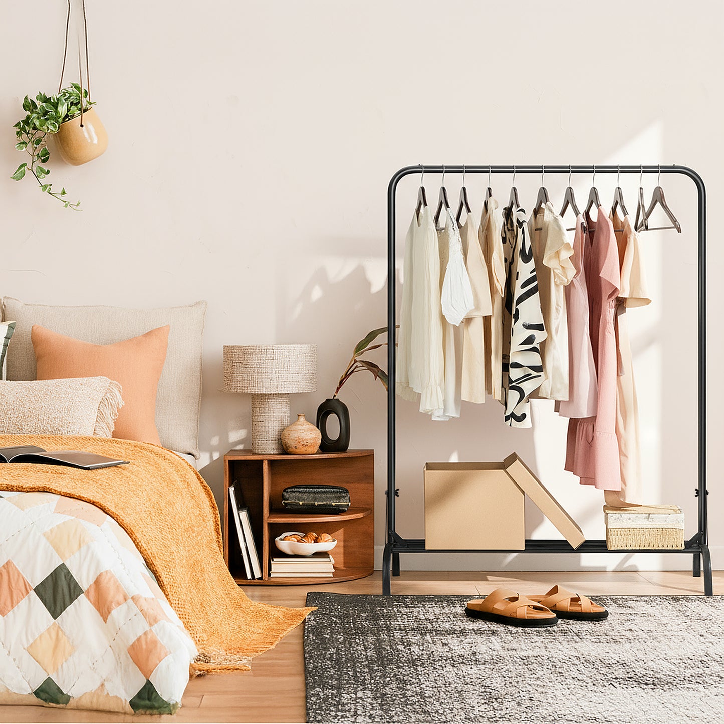 Sturdy Clothes Rail for Bedroom, Portable Clothes Rack with Storage Shelf, Metal Clothing Rail for Hanging Garments