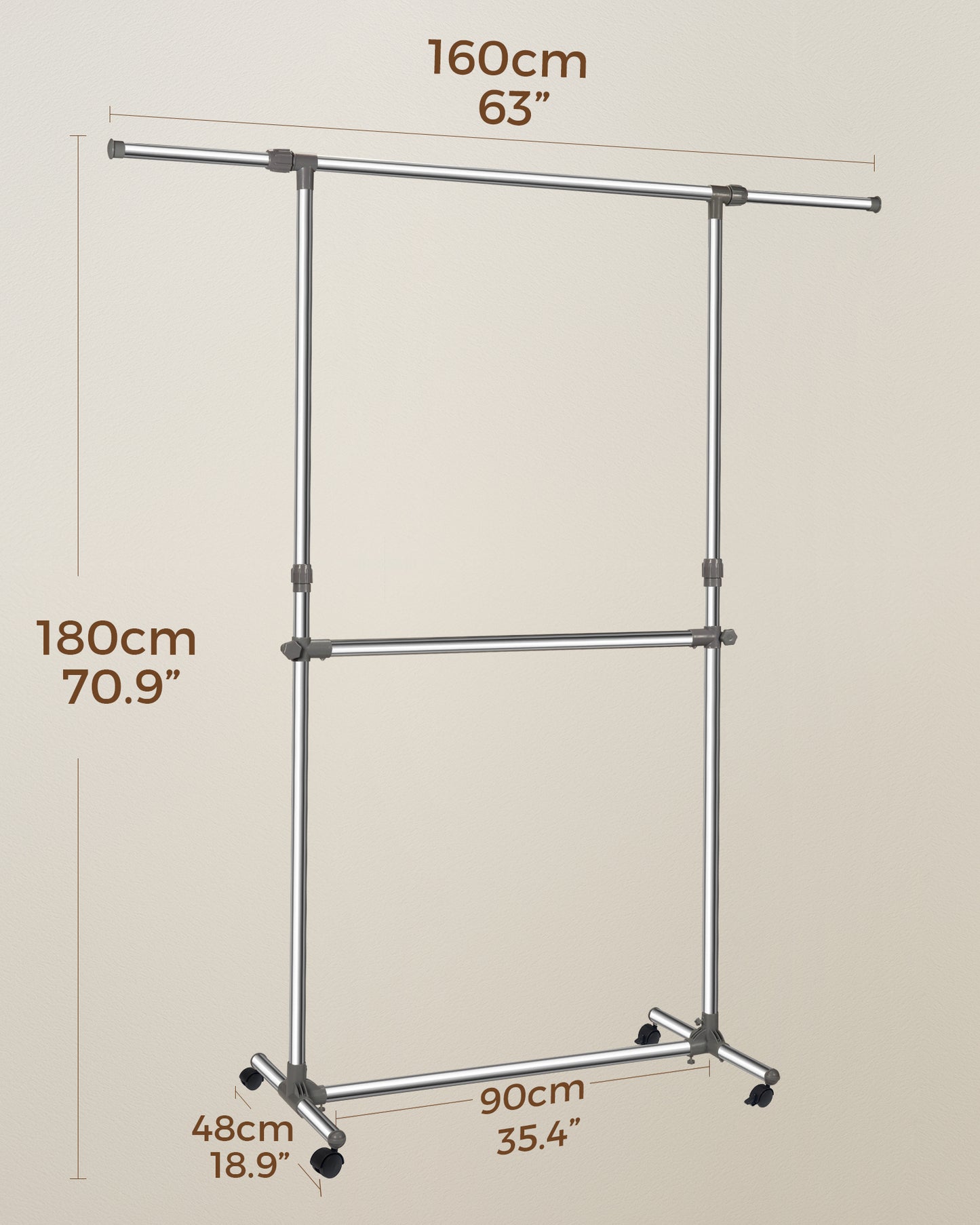 Clothes Rail with Wheels, Adjustable Stainless Steel Clothes Rack with Extendable Width and Height, Metal Clothing Rail for Small Bedrooms