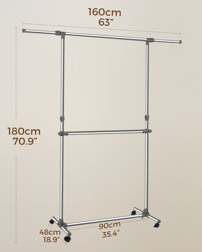Clothes Rail with Wheels, Adjustable Stainless Steel Clothes Rack with Extendable Width and Height, Metal Clothing Rail for Small Bedrooms